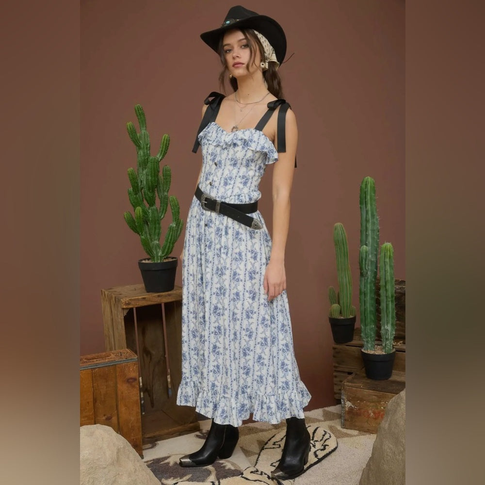 506. Floral Print Blue and White Button-Up Maxi Dress