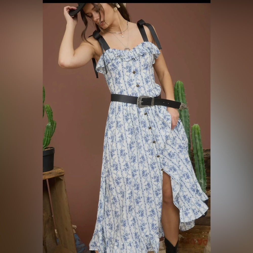 506. Floral Print Blue and White Button-Up Maxi Dress