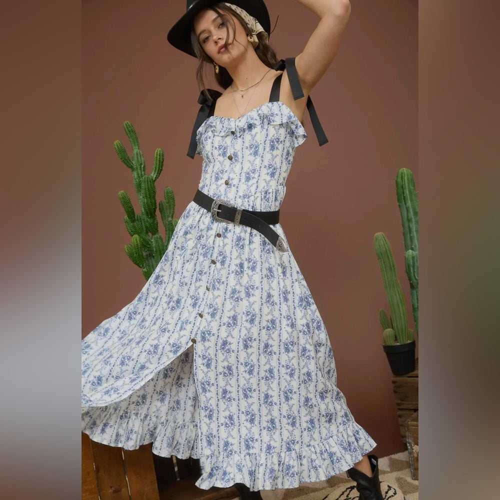 506. Floral Print Blue and White Button-Up Maxi Dress