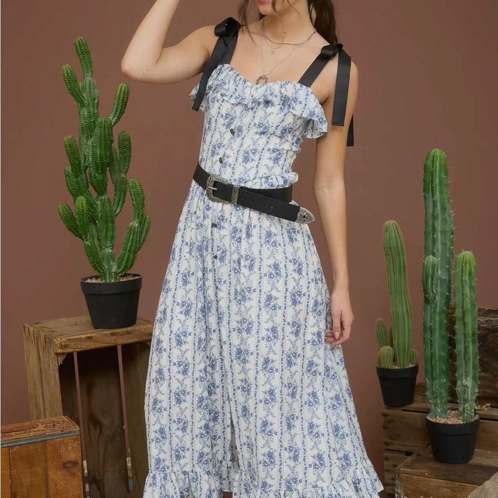 506. Floral Print Blue and White Button-Up Maxi Dress