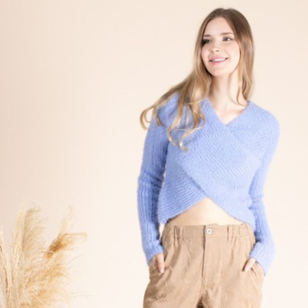 517. Light Blue Fuzzy Wrap Sweater