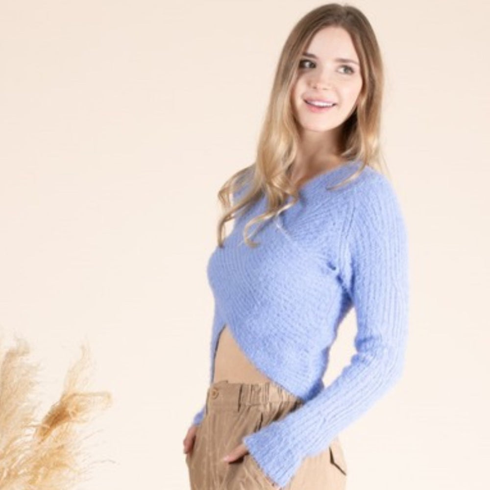 517. Light Blue Fuzzy Wrap Sweater