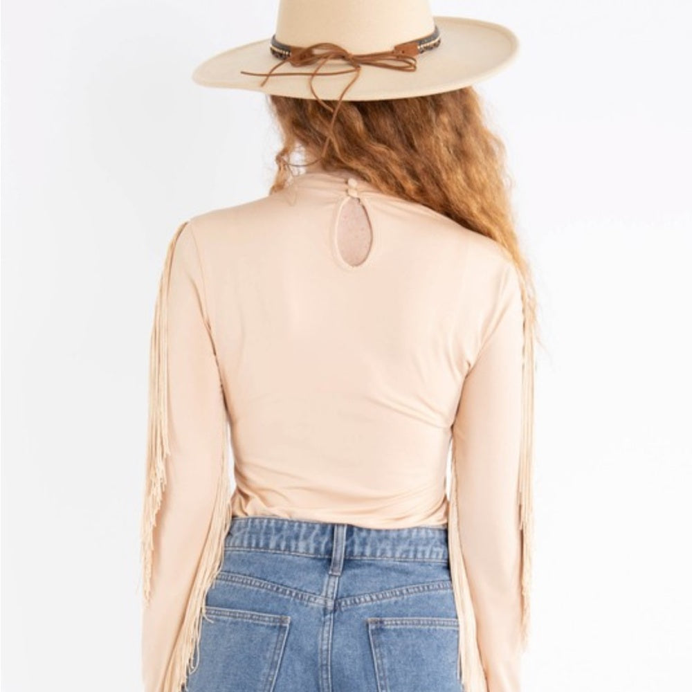 518. Fringe Sleeve Beige Bodysuit