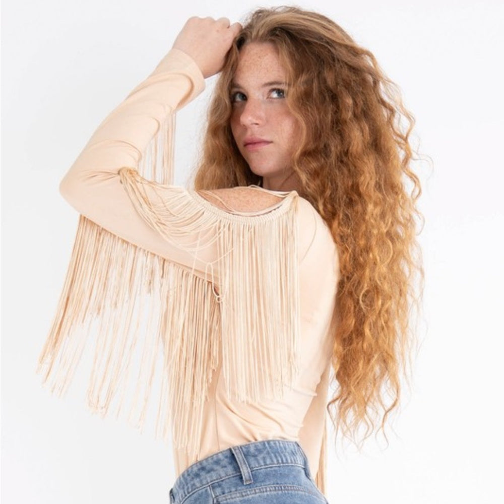 518. Fringe Sleeve Beige Bodysuit
