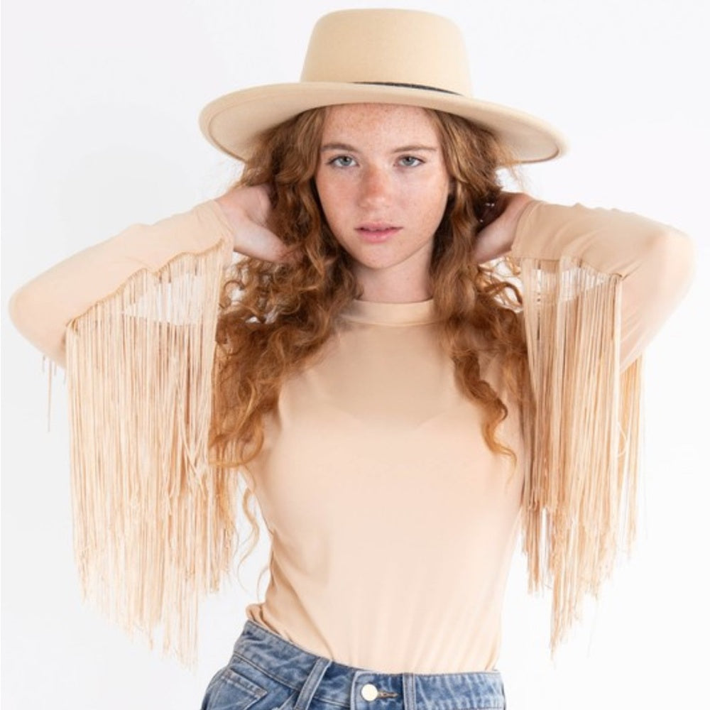 518. Fringe Sleeve Beige Bodysuit