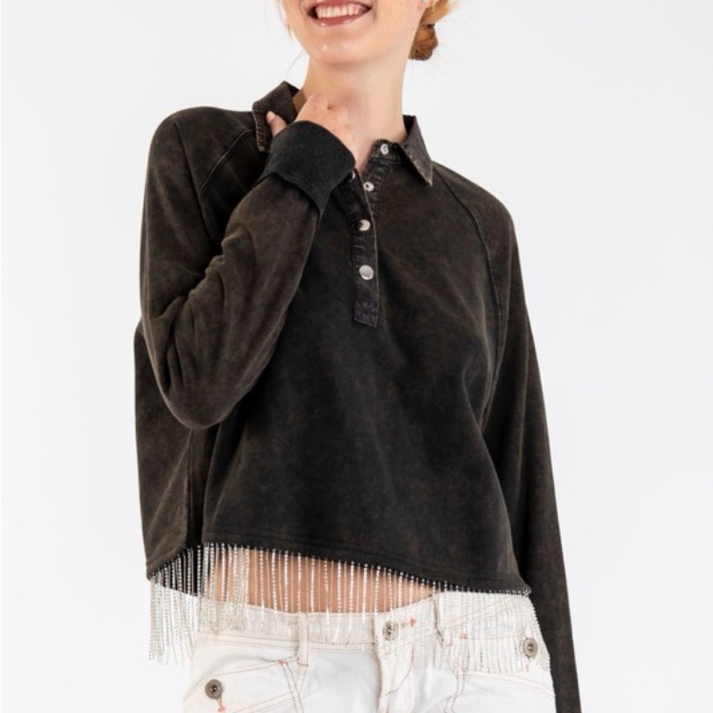 519. Black Long Sleeve Top with Rhinestone Fringe Hem