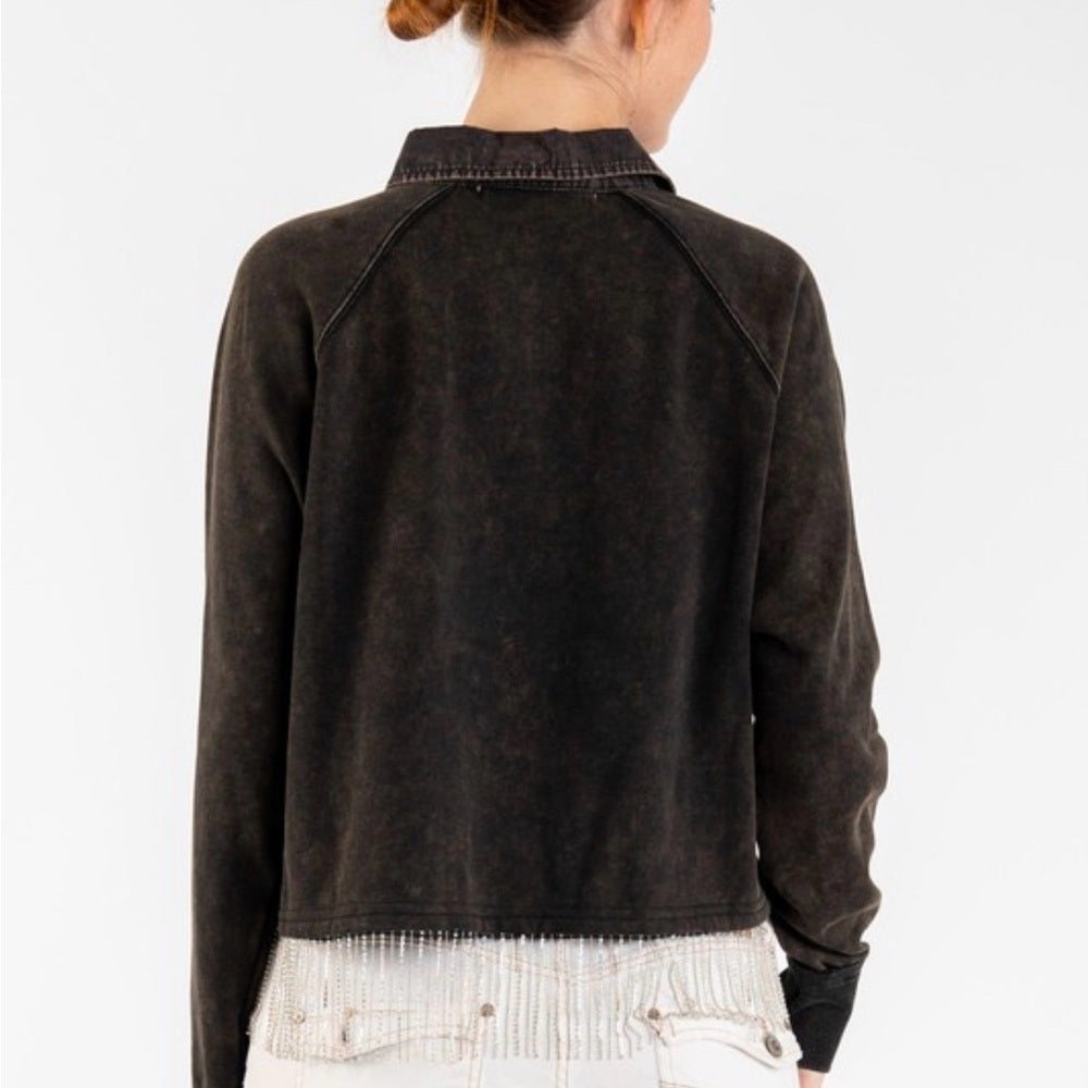 519. Black Long Sleeve Top with Rhinestone Fringe Hem
