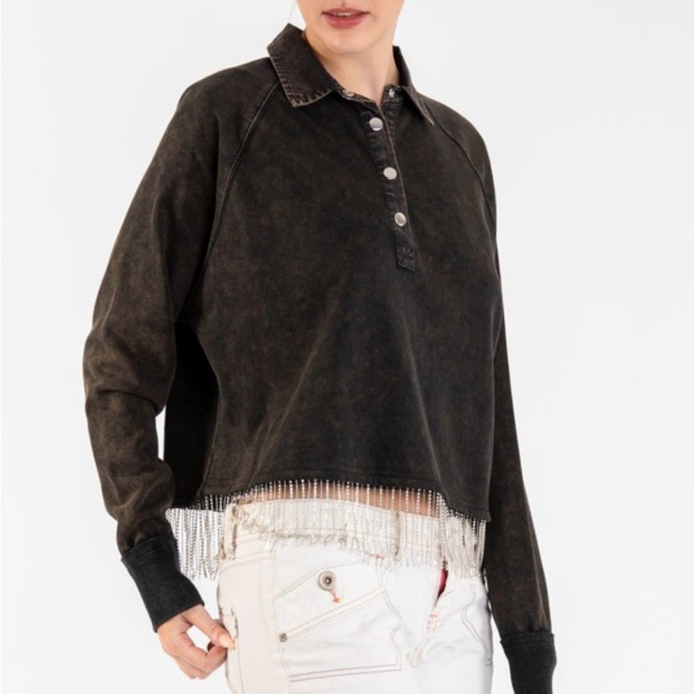 519. Black Long Sleeve Top with Rhinestone Fringe Hem