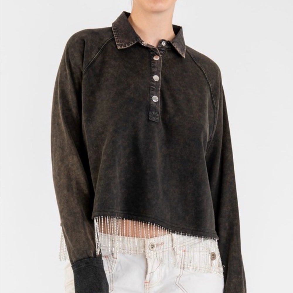 519. Black Long Sleeve Top with Rhinestone Fringe Hem