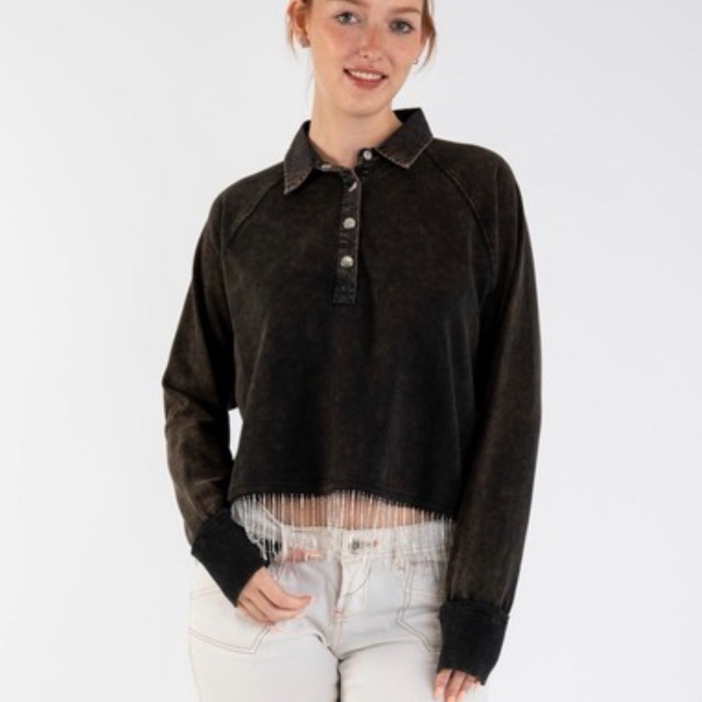 519. Black Long Sleeve Top with Rhinestone Fringe Hem