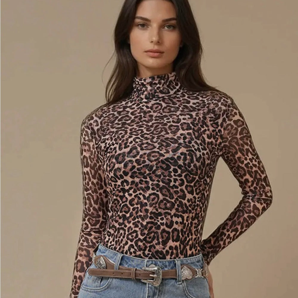 521. Leopard Print MeshTurtleneck Top