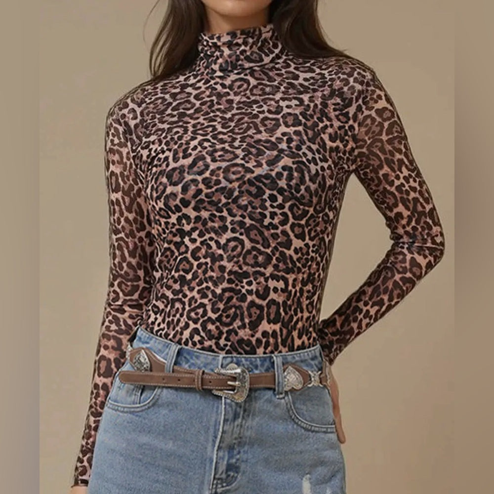 521. Leopard Print MeshTurtleneck Top