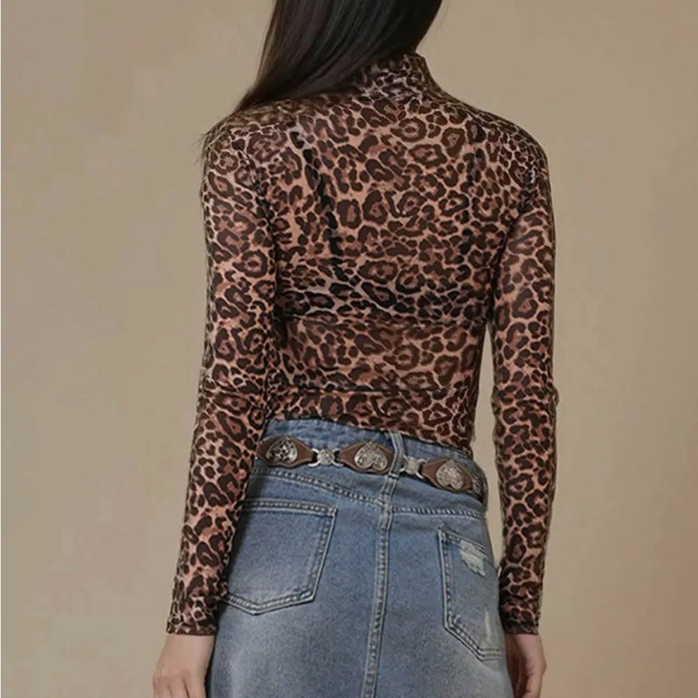 521. Leopard Print MeshTurtleneck Top