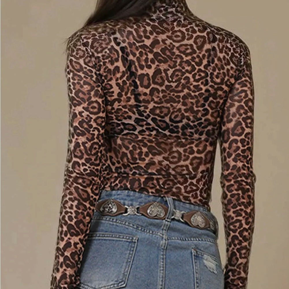 521. Leopard Print MeshTurtleneck Top