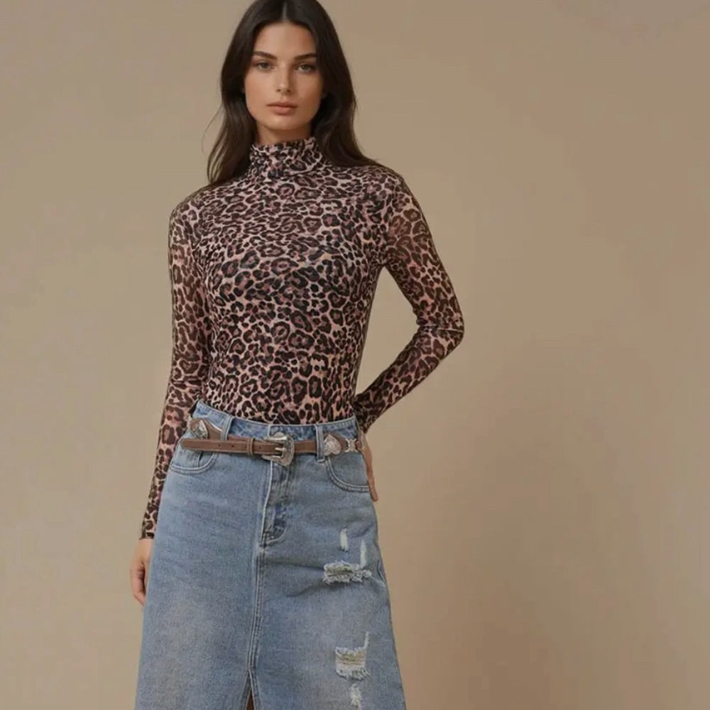 521. Leopard Print MeshTurtleneck Top
