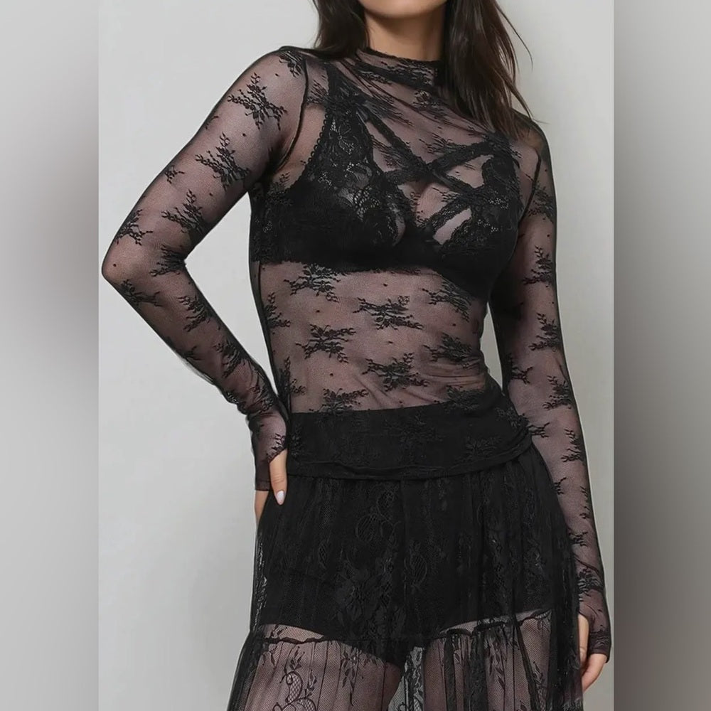 522. Black Lace Sheer Mesh Long Sleeve Top