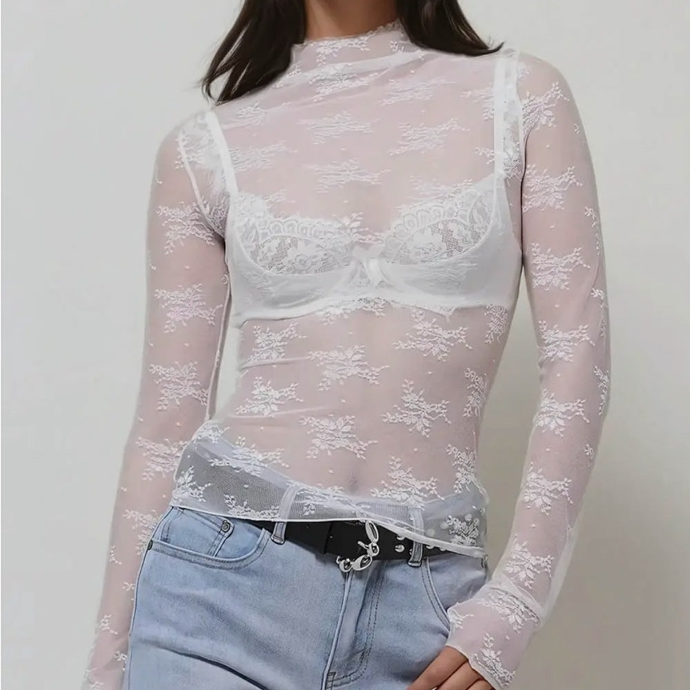 523. White Lace Long Sleeve Mesh Top