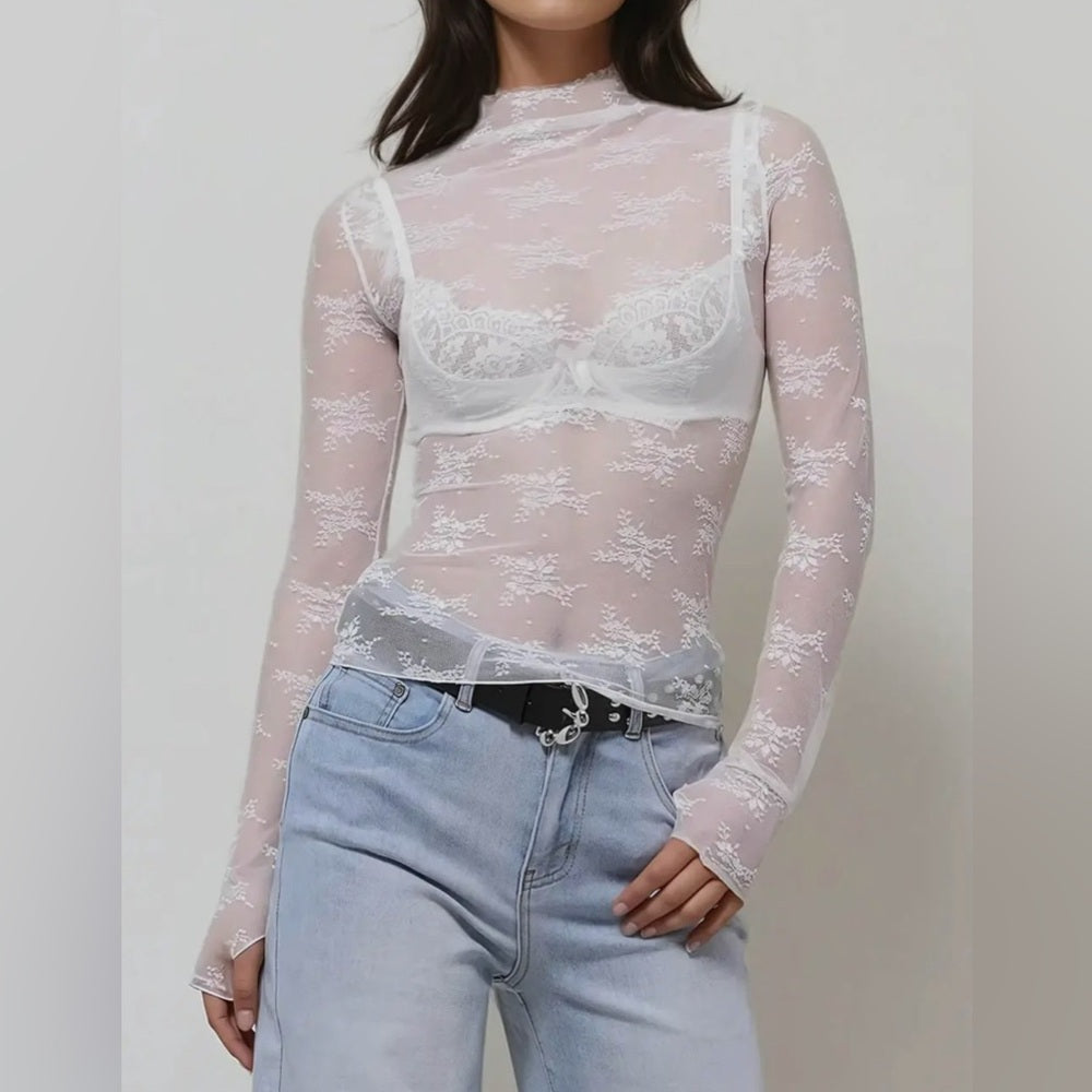 523. White Lace Long Sleeve Mesh Top