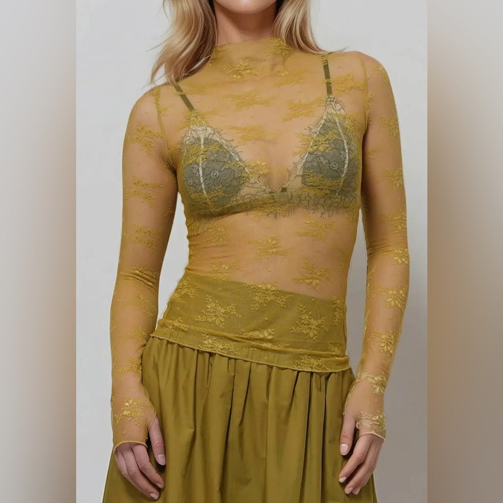 524. Mustard Yellow Mesh Lace Top