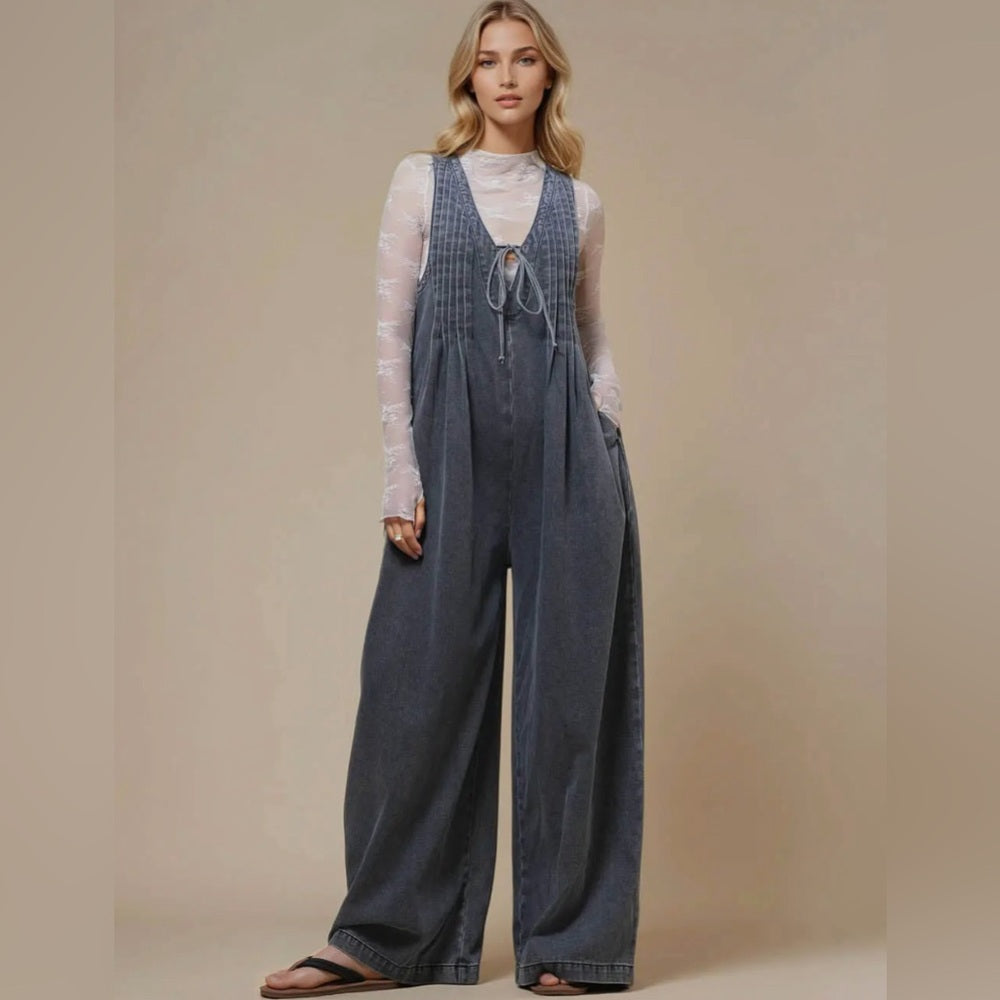 596. Grey Denim Wide-Leg Overall Jumpsuit
