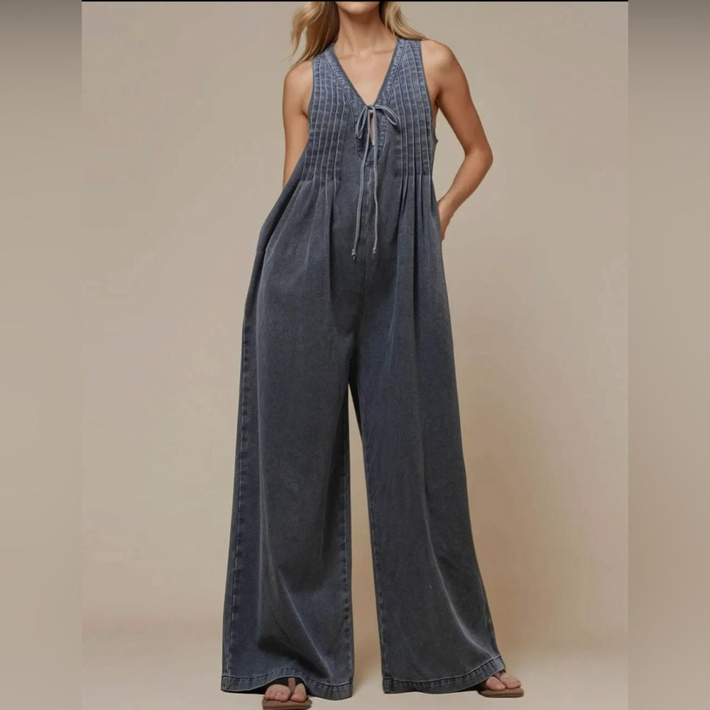 596. Grey Denim Wide-Leg Overall Jumpsuit