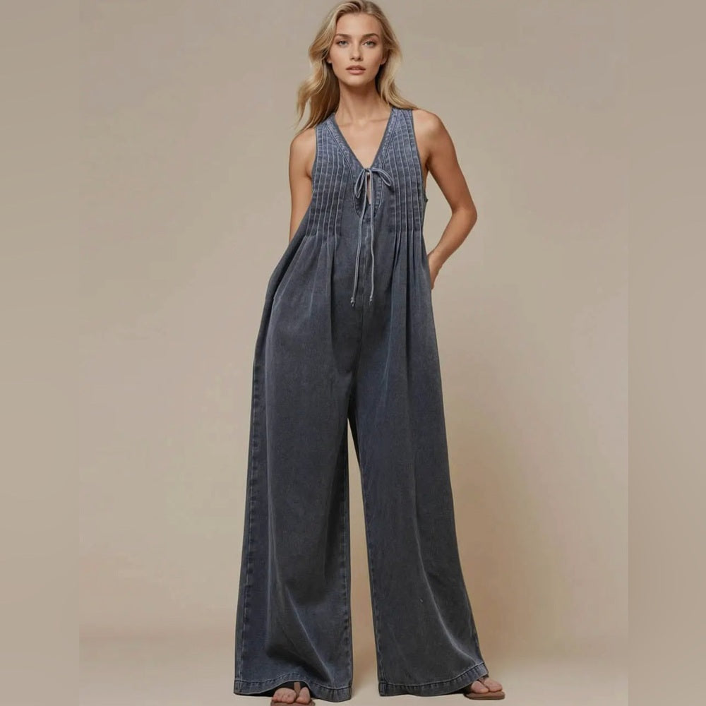 596. Grey Denim Wide-Leg Overall Jumpsuit