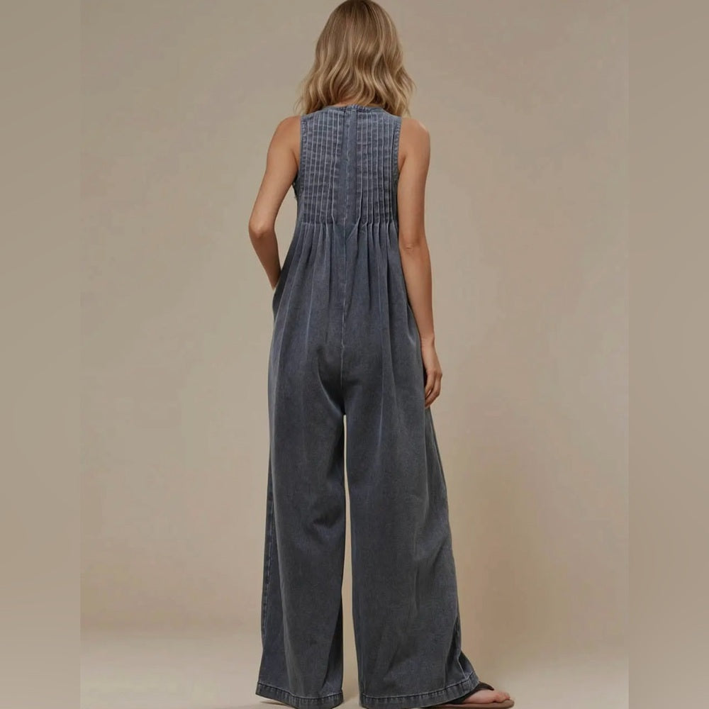 596. Grey Denim Wide-Leg Overall Jumpsuit