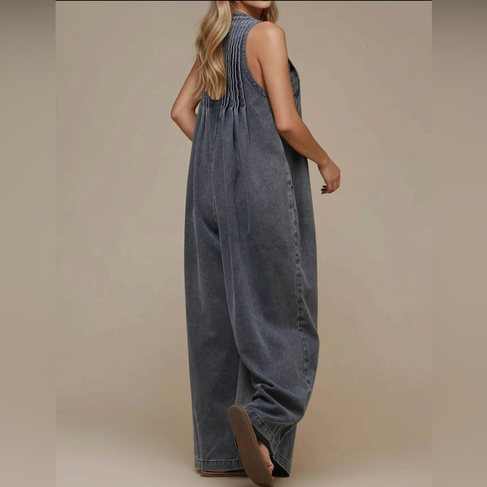 596. Grey Denim Wide-Leg Overall Jumpsuit