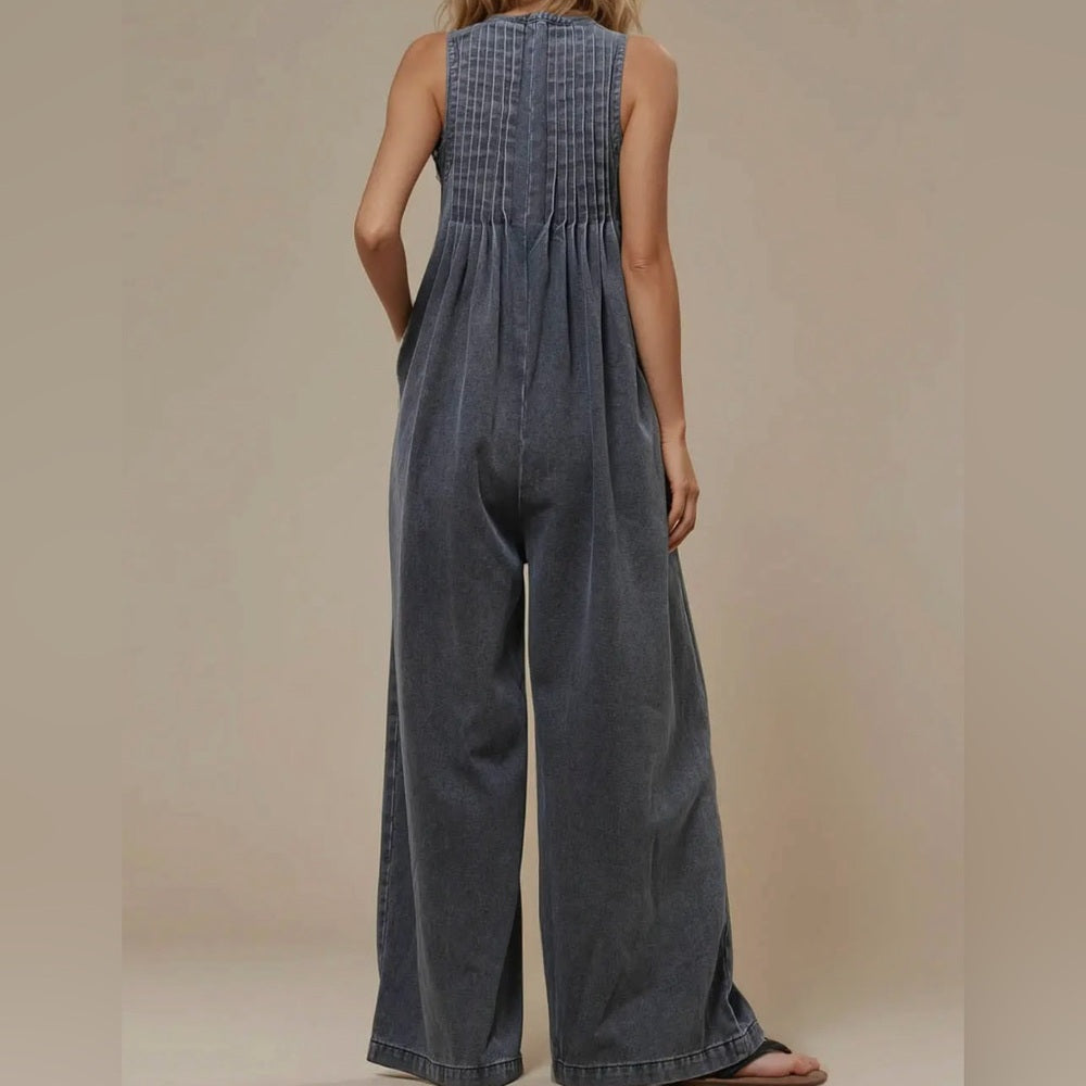 596. Grey Denim Wide-Leg Overall Jumpsuit