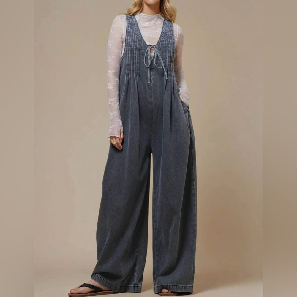 596. Grey Denim Wide-Leg Overall Jumpsuit