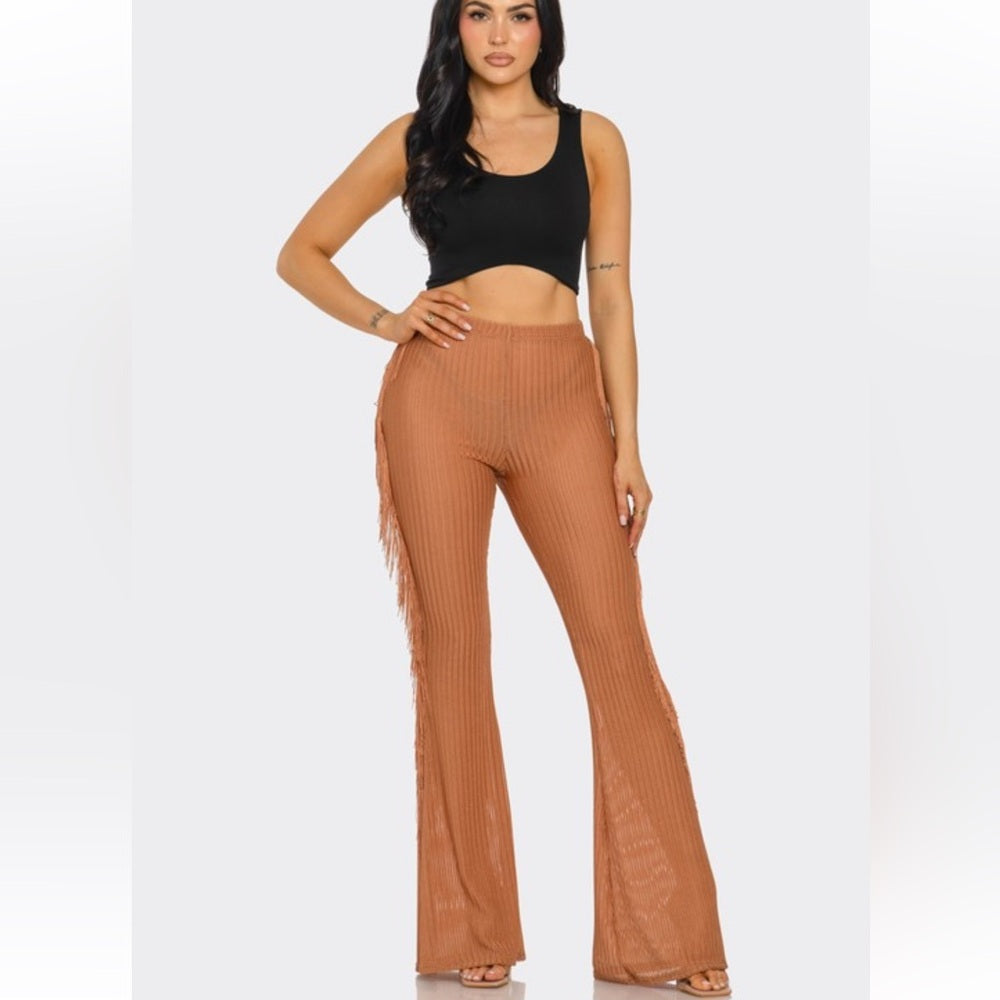 605. High-Waisted Ribbed Flare Pants With Side Fringe - Brown