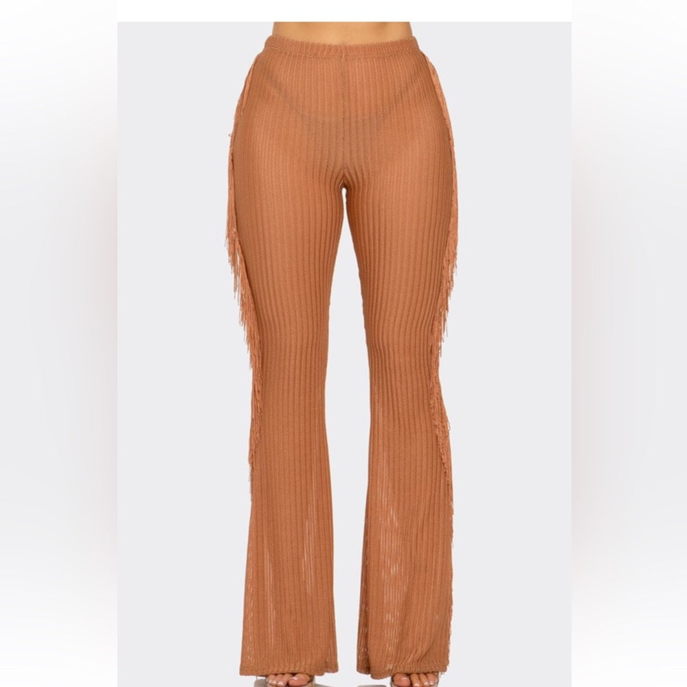 605. High-Waisted Ribbed Flare Pants With Side Fringe - Brown