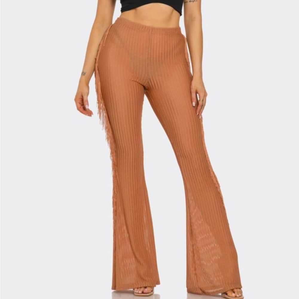 605. High-Waisted Ribbed Flare Pants With Side Fringe - Brown