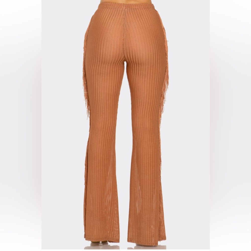 605. High-Waisted Ribbed Flare Pants With Side Fringe - Brown