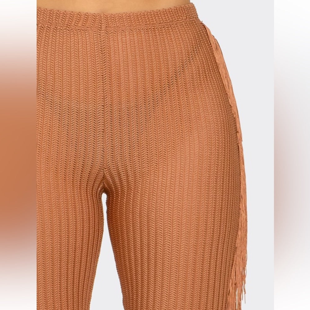 605. High-Waisted Ribbed Flare Pants With Side Fringe - Brown