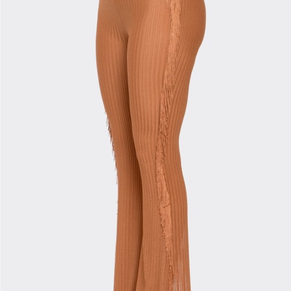 605. High-Waisted Ribbed Flare Pants With Side Fringe - Brown