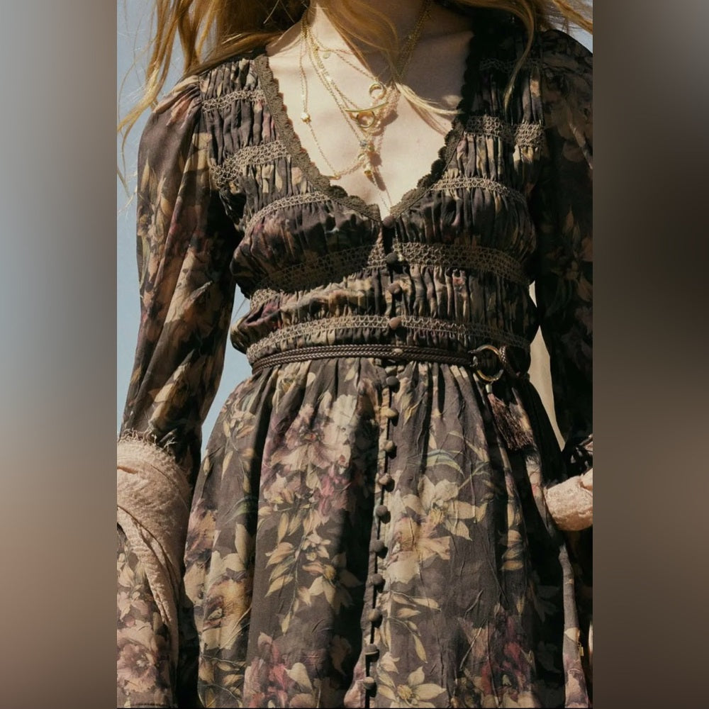 607. Promesa Bohemian Floral Maxi Dress With Long Sleeves & V-Neck