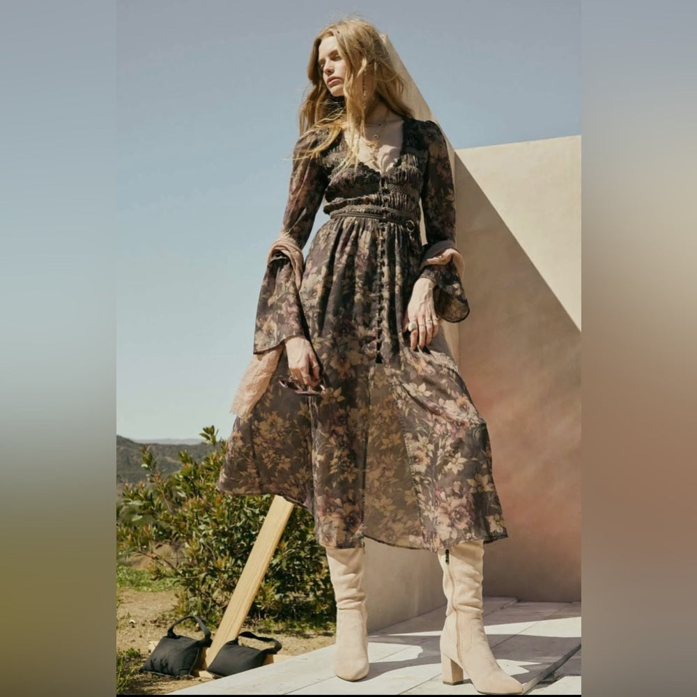 607. Promesa Bohemian Floral Maxi Dress With Long Sleeves & V-Neck