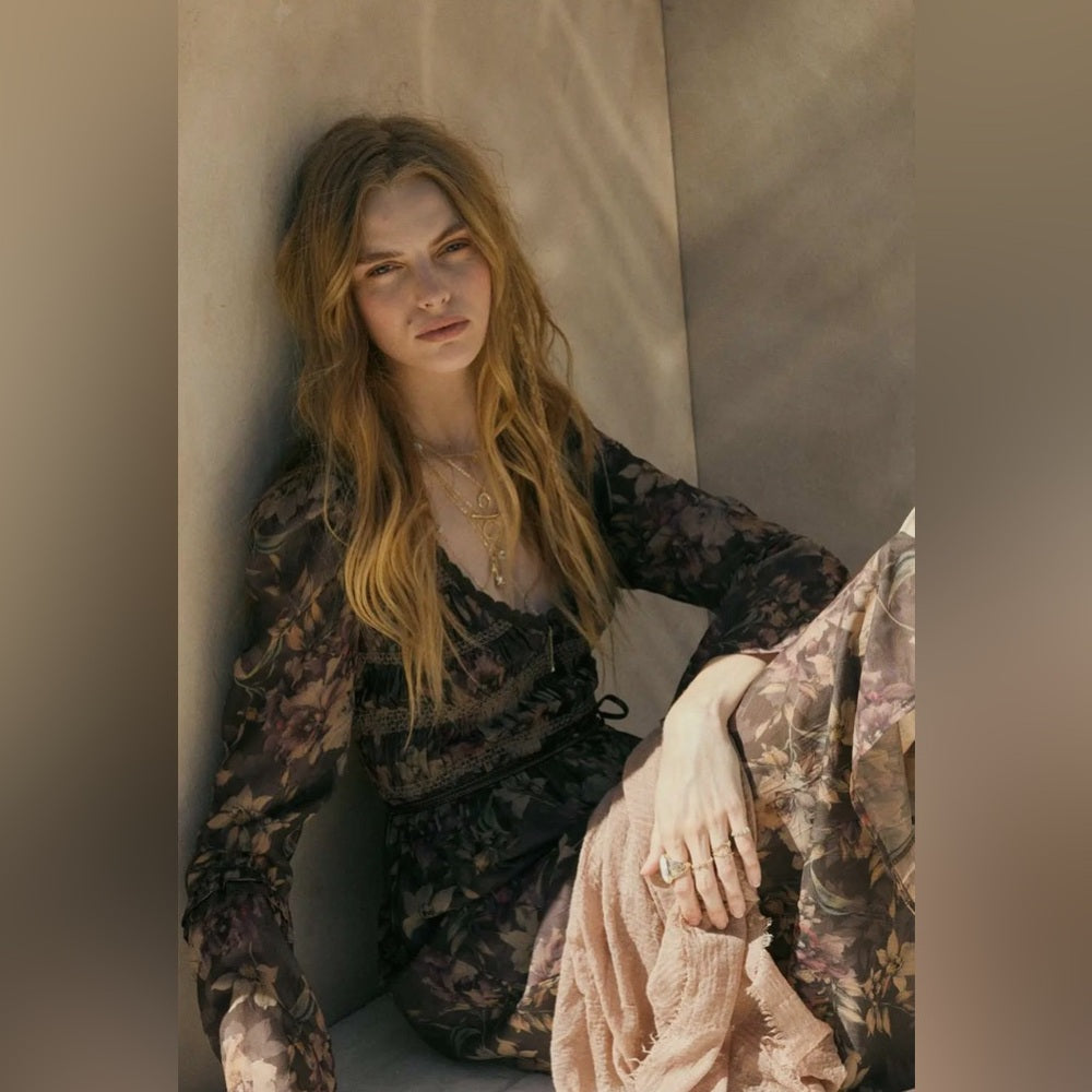 607. Promesa Bohemian Floral Maxi Dress With Long Sleeves & V-Neck