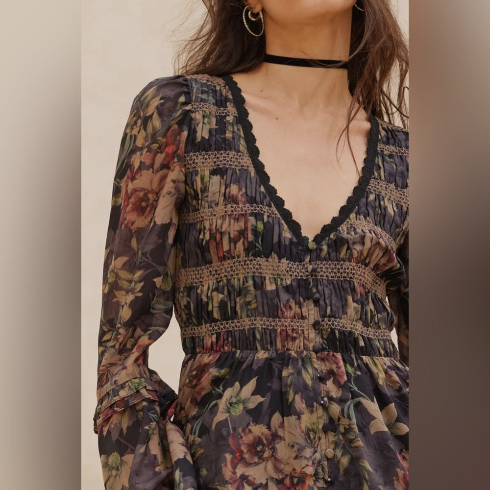 607. Promesa Bohemian Floral Maxi Dress With Long Sleeves & V-Neck