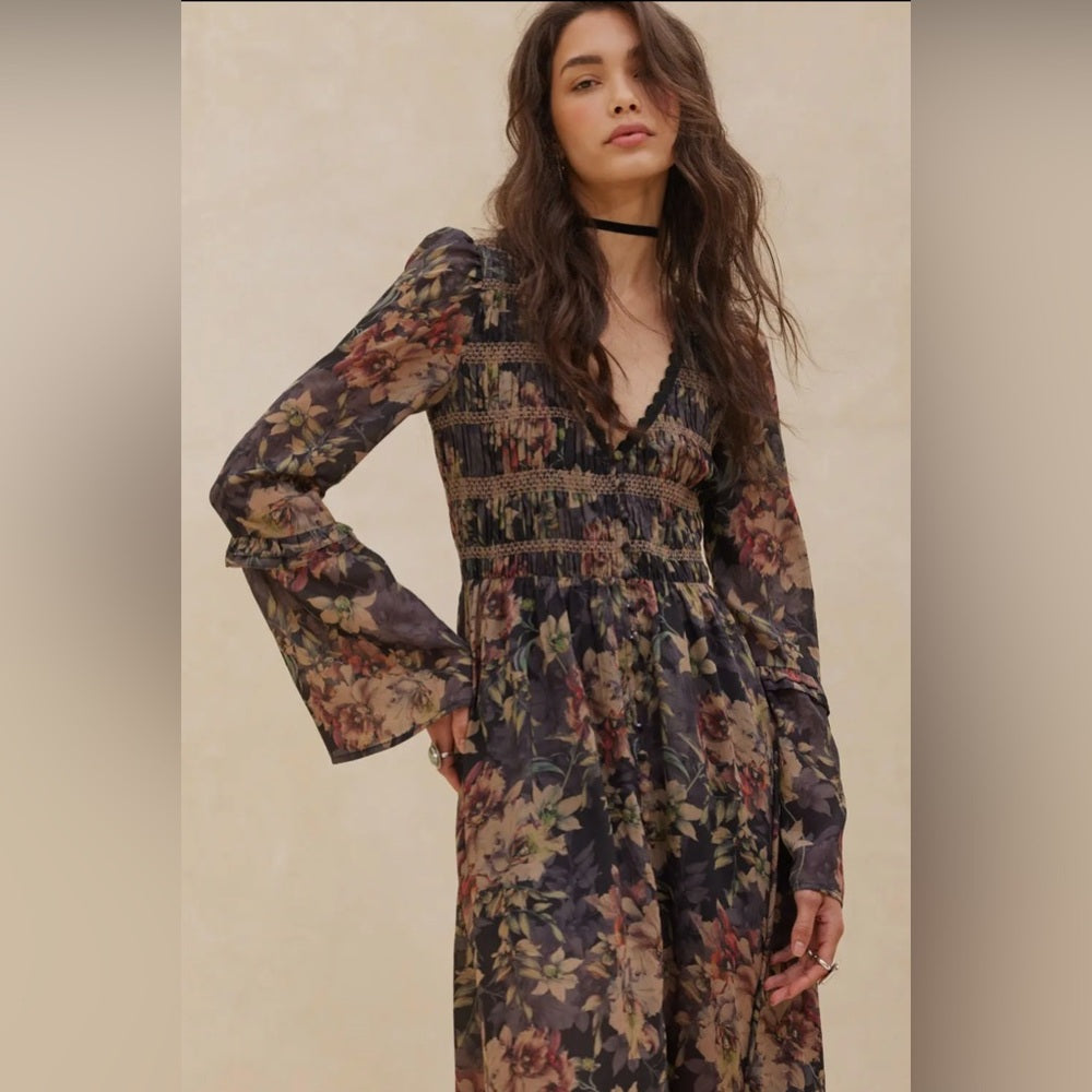 607. Promesa Bohemian Floral Maxi Dress With Long Sleeves & V-Neck