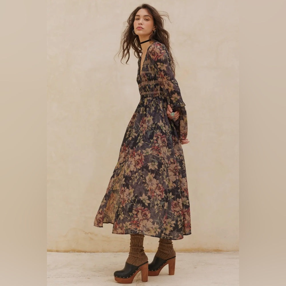 607. Promesa Bohemian Floral Maxi Dress With Long Sleeves & V-Neck