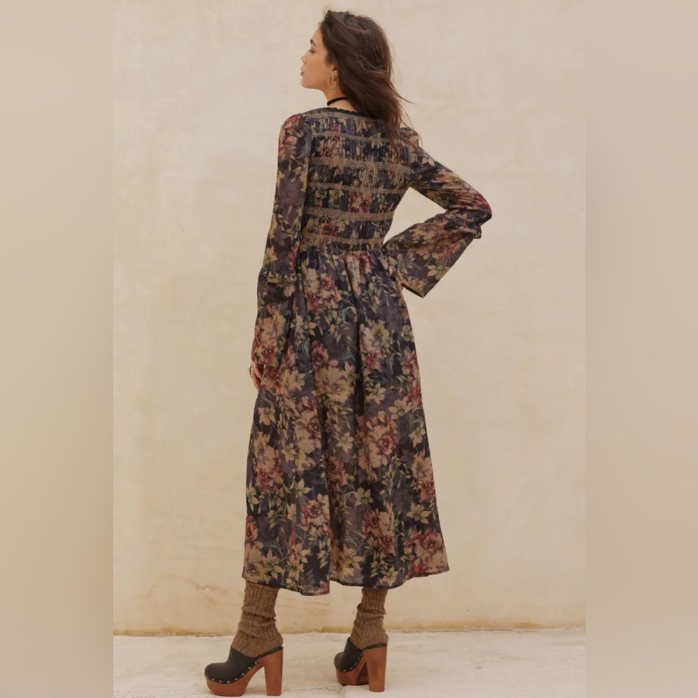 607. Promesa Bohemian Floral Maxi Dress With Long Sleeves & V-Neck