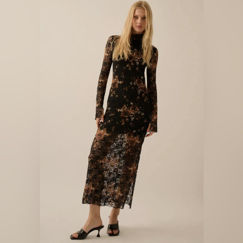 608. Promesa Black and Brown Floral Maxi Dress