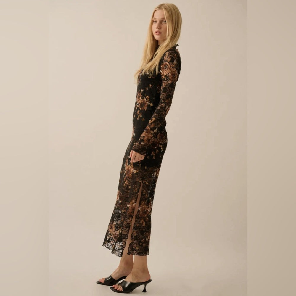 608. Promesa Black and Brown Floral Maxi Dress