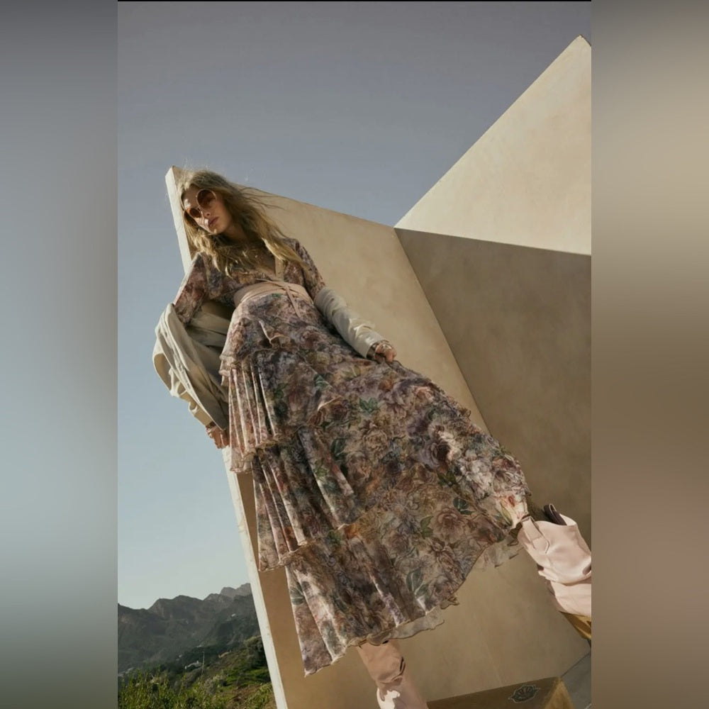 609. Promesa Floral Maxi Skirt with Ruffle Details