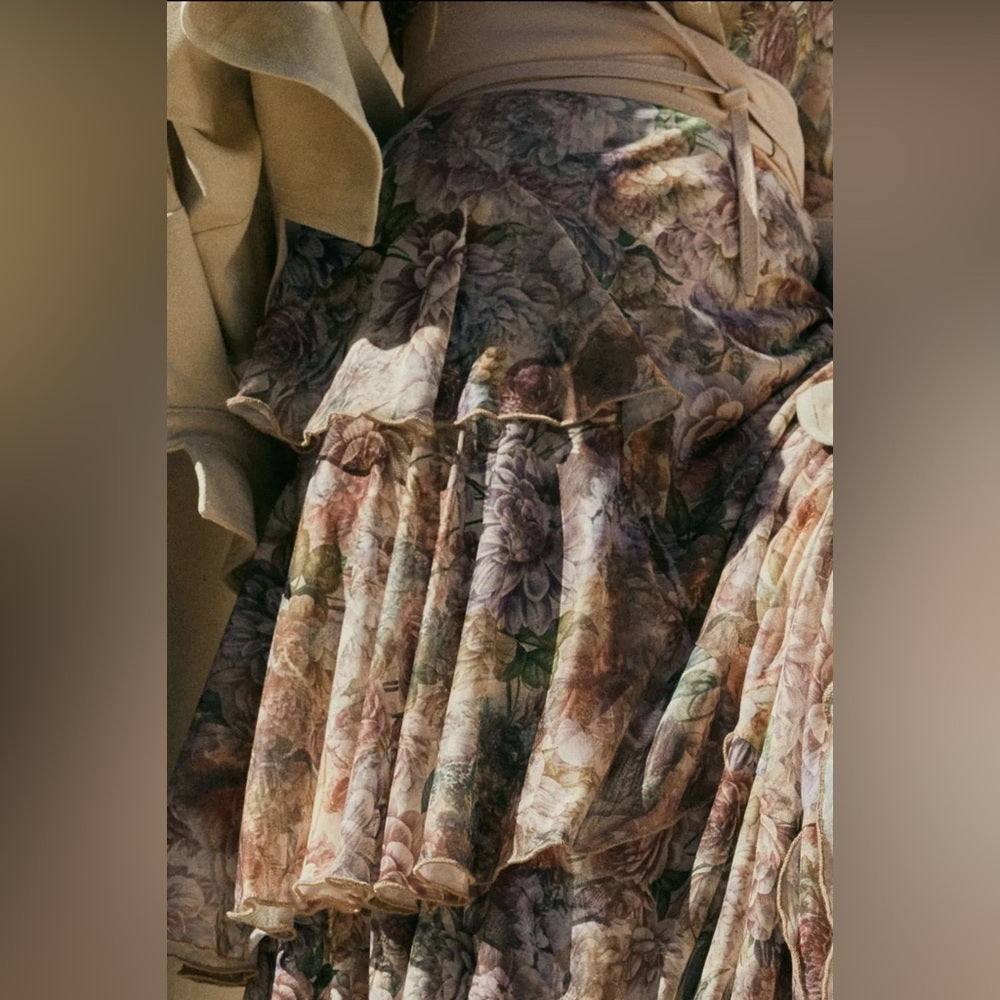 609. Promesa Floral Maxi Skirt with Ruffle Details