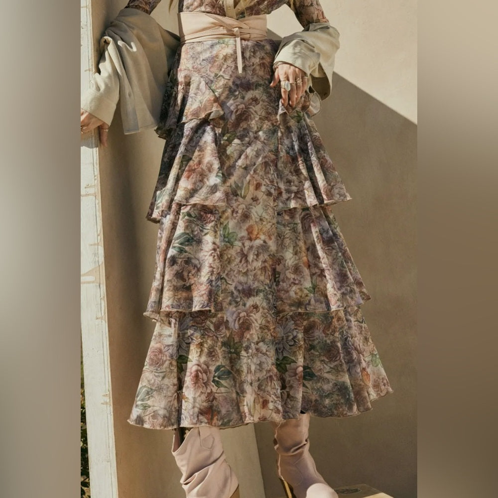 609. Promesa Floral Maxi Skirt with Ruffle Details