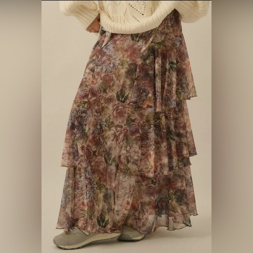 609. Promesa Floral Maxi Skirt with Ruffle Details