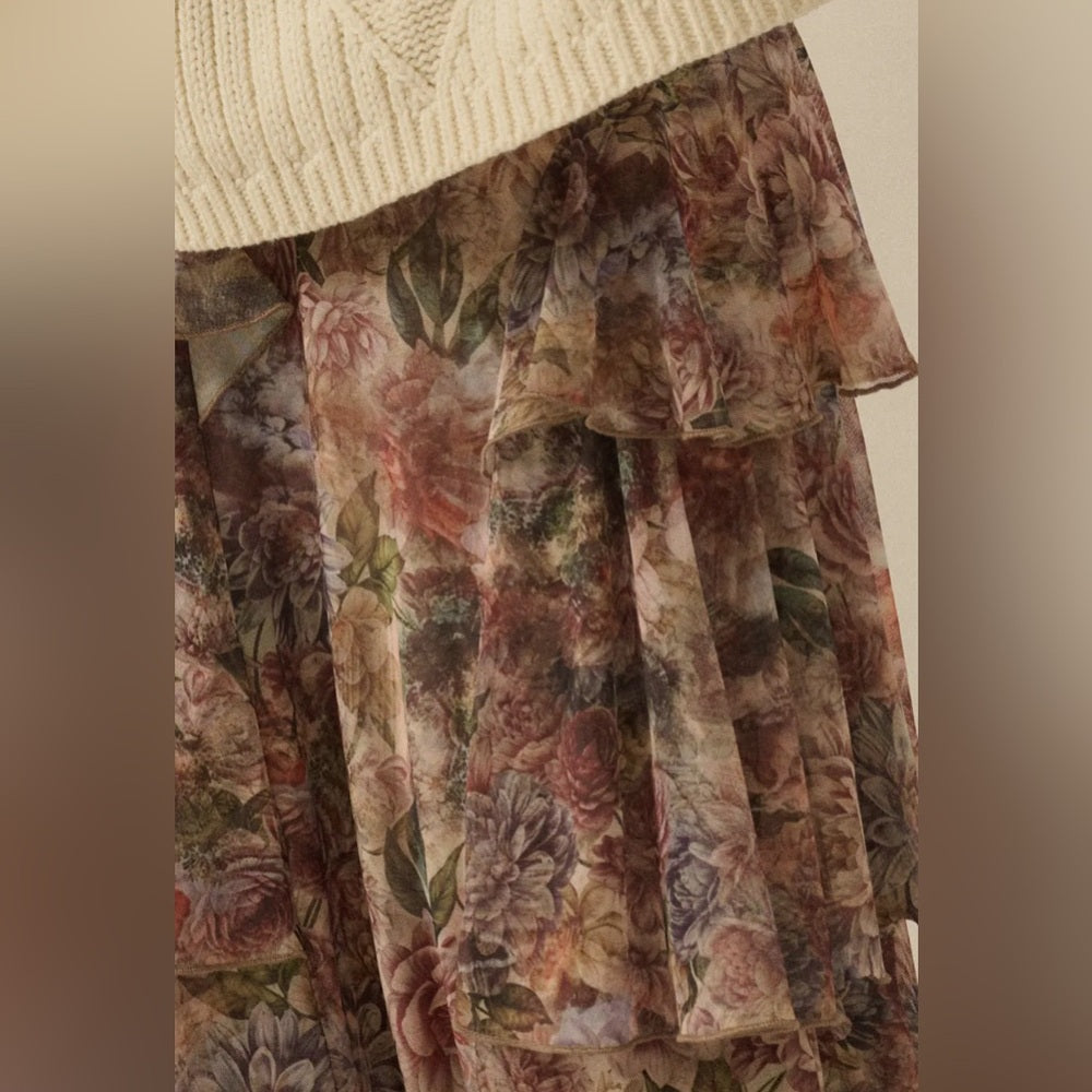 609. Promesa Floral Maxi Skirt with Ruffle Details